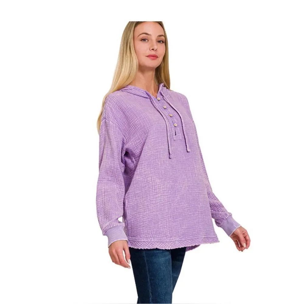 #QTW-7165Y WASHED DOUBLE GAUZE BUTTON CLOSURE HOODIE Lavender